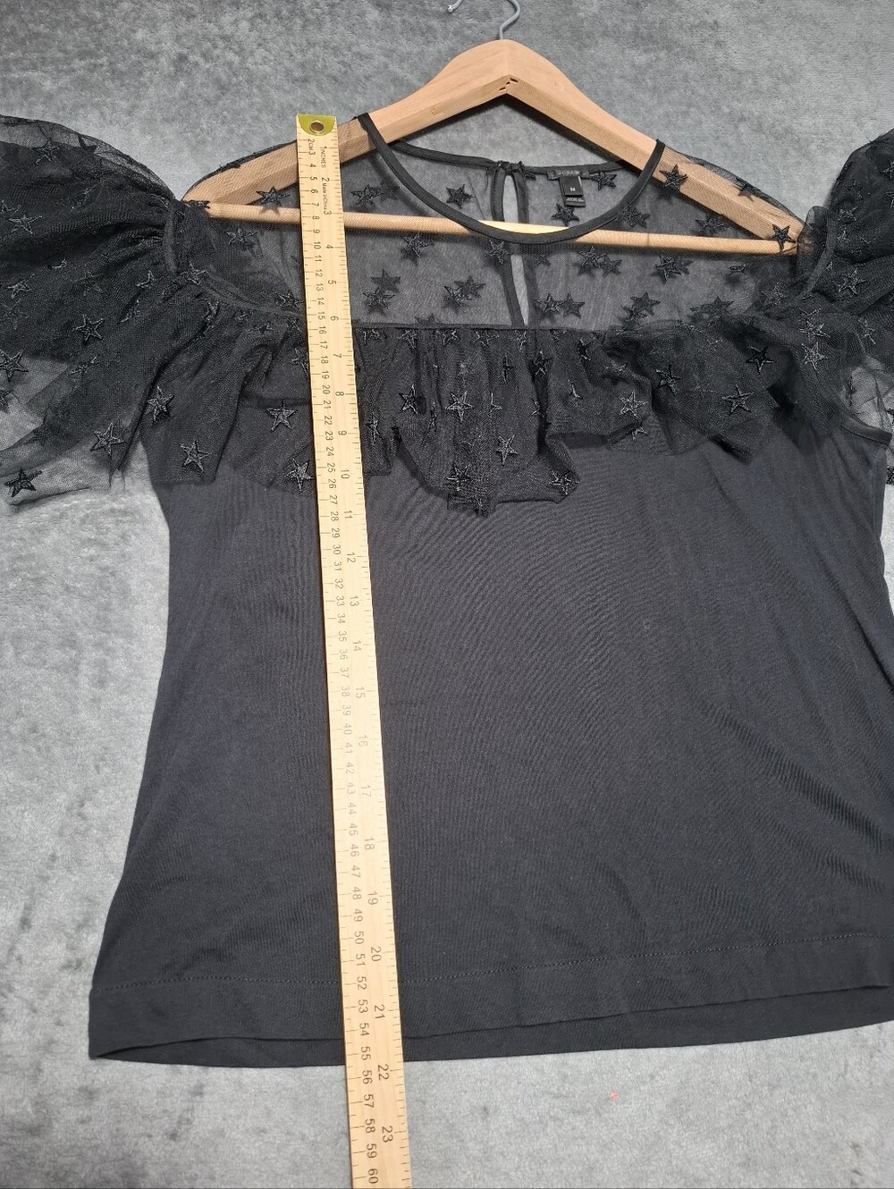 J.Crew Women's Star Mesh Yoke Ruffled Short Sleeve Black Blouse Sz M Whimsigoth - Picture 6 of 10